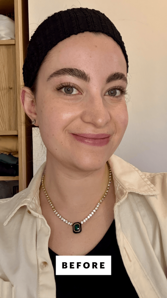 A selfie of Allure senior commerce editor Sarah Felbin before applying the e.l.f. Cosmetics Monochromatic Multi Stick