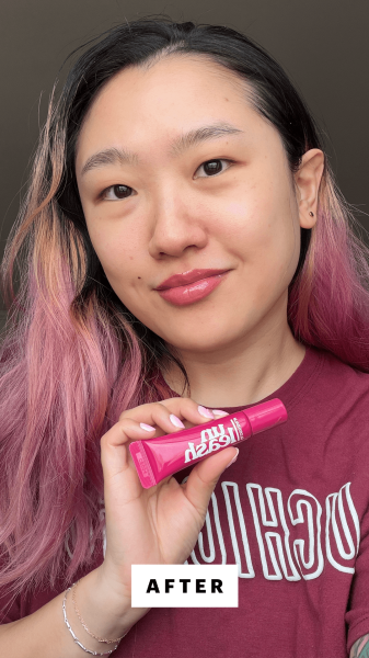 Han after applying the Unleashia Sunset Dazzle Gloss Balm